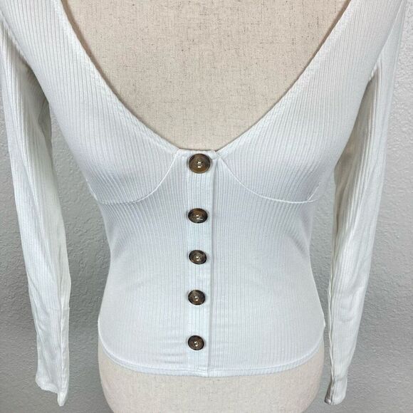 Reformation Virgil white ribbed long sleeve top women’s S V-neck button front  - Picture 6 of 11